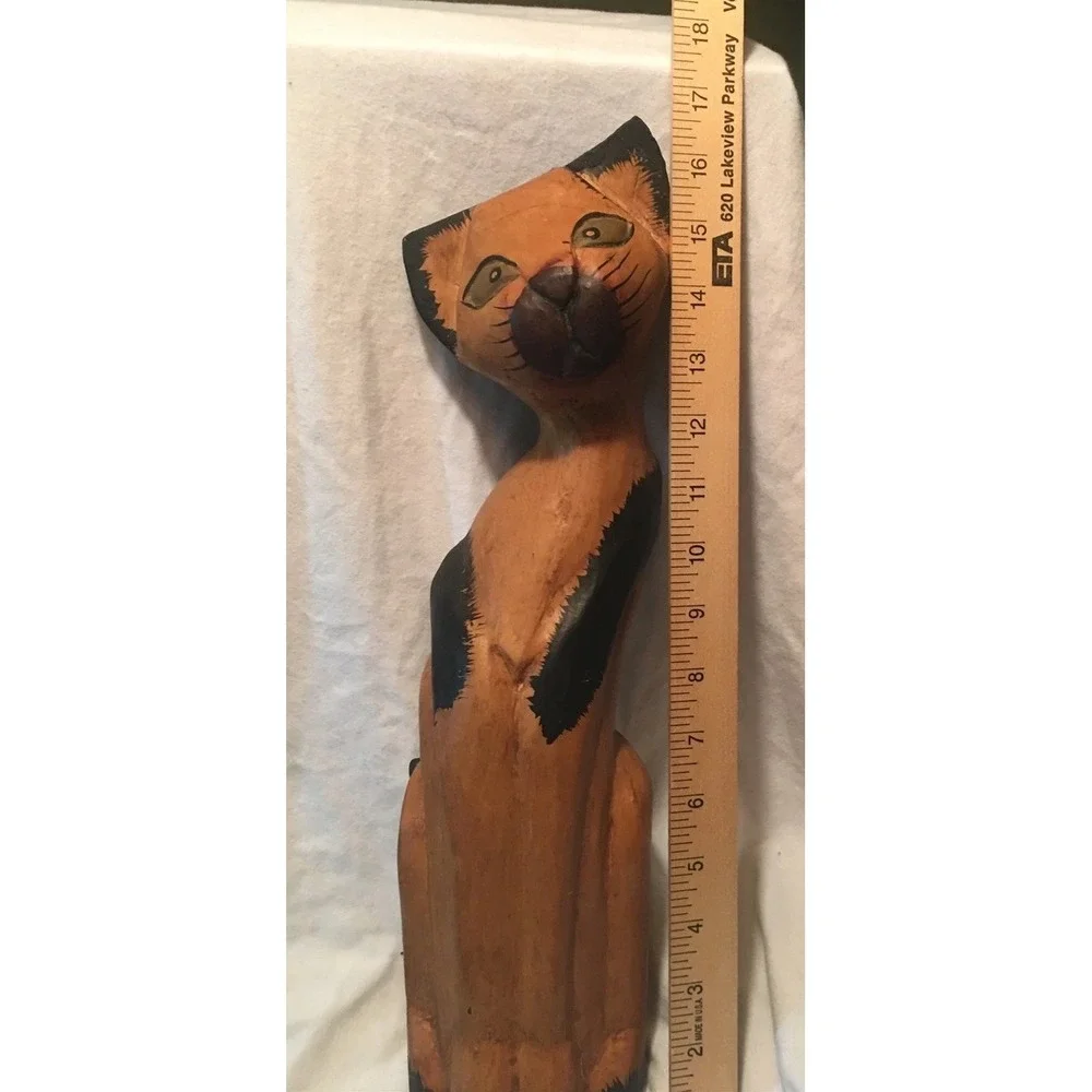 Vintage Hand Carved Wooden Siamese Cat Statue Folk Art 17 Inches